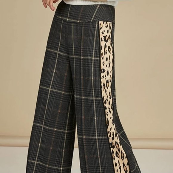 The Cause Collection Pants - The Cause Collection Plaid & Leopard Print Wide Leg Pant Size 8